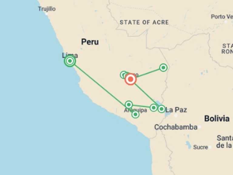 Map of a Natural landmarks sightseeing Tour with 11 destination visits for the trip: Best of Peru - Premium Adventure