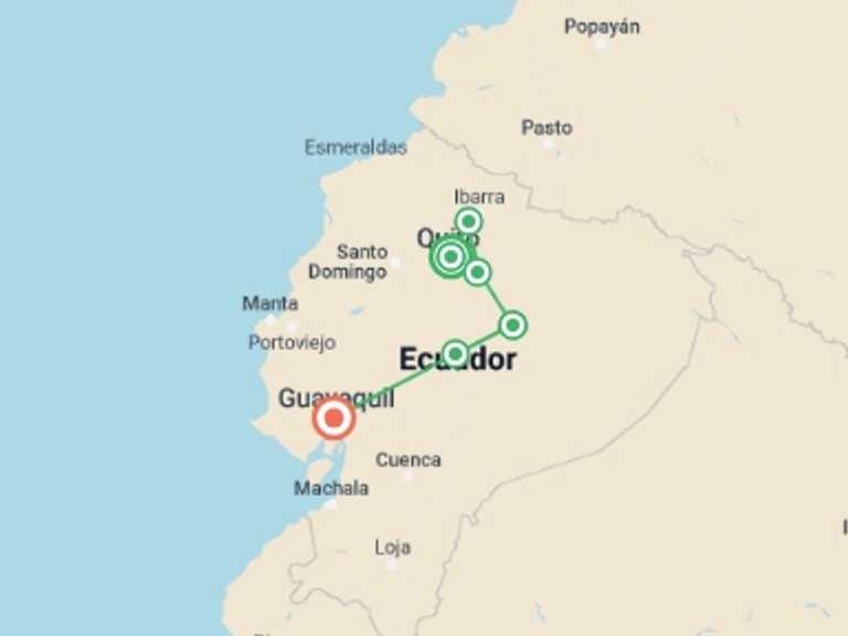 Map of Quito Cultural, religious and historic sites Tour with 7 destination visits for the trip: Best Of Ecuador