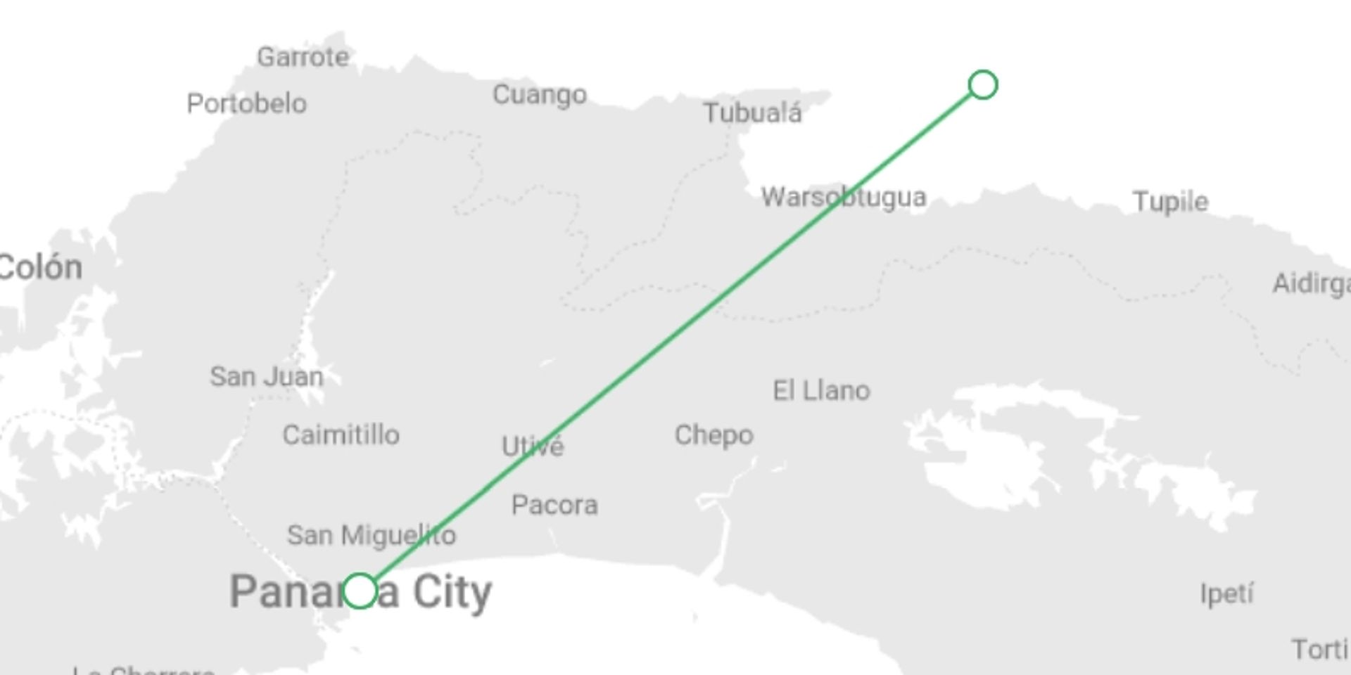 A map showing the tour itinerary for the trip: San Blas Authentic Guna Yala Experience 4D/3N, starting in Panama City, Panama and ending in Panama City, Panama going through 1 other destinations.
