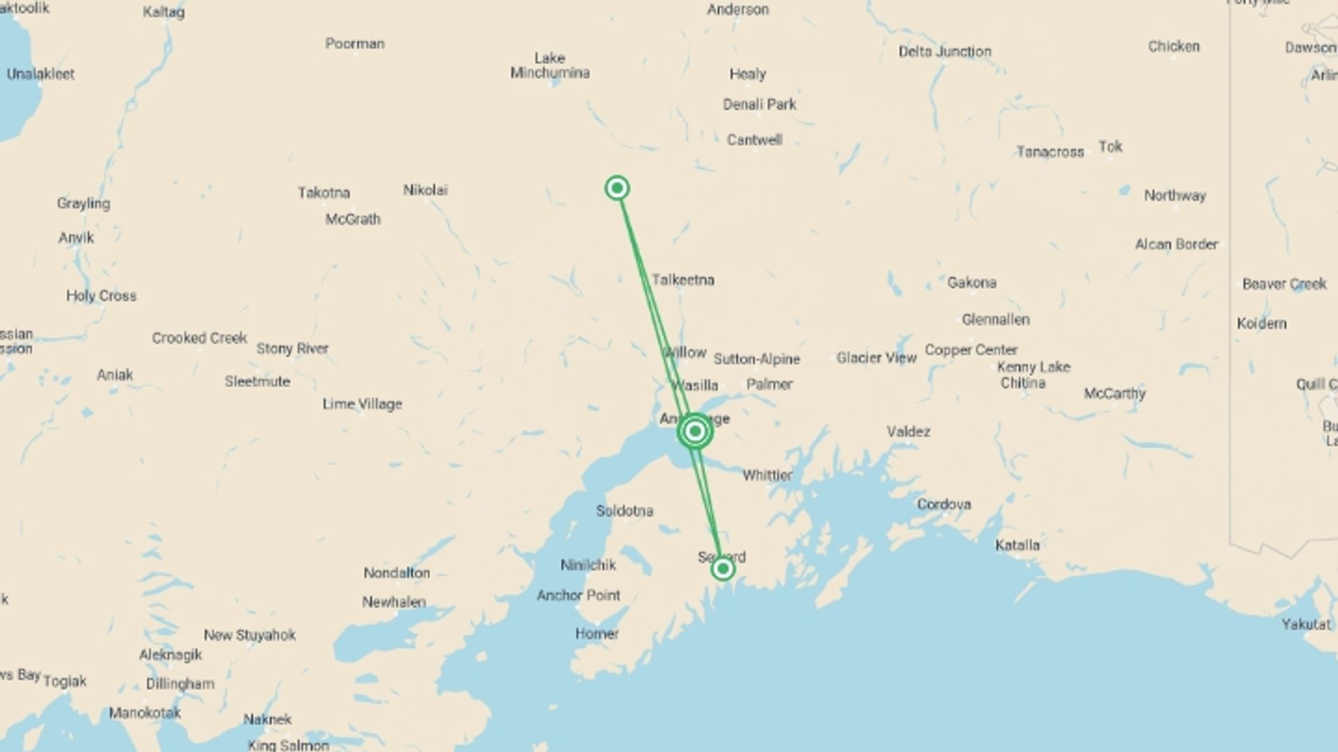A map showing the tour itinerary for the trip: Alaska Hike, Bike & Kayak, starting in Anchorage, USA and ending in Anchorage, USA going through 2 other destinations.