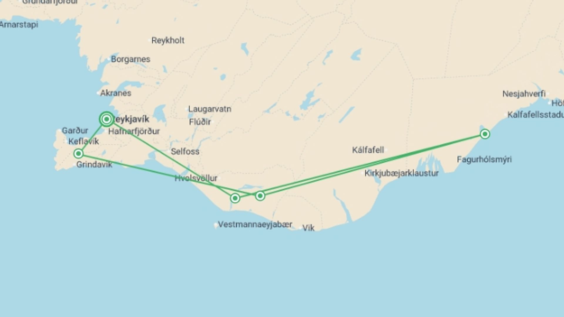 A map showing the tour itinerary for the trip: Iceland Northern Lights, starting in Reykjavik, Iceland and ending in Reykjavik, Iceland going through 3 other destinations.