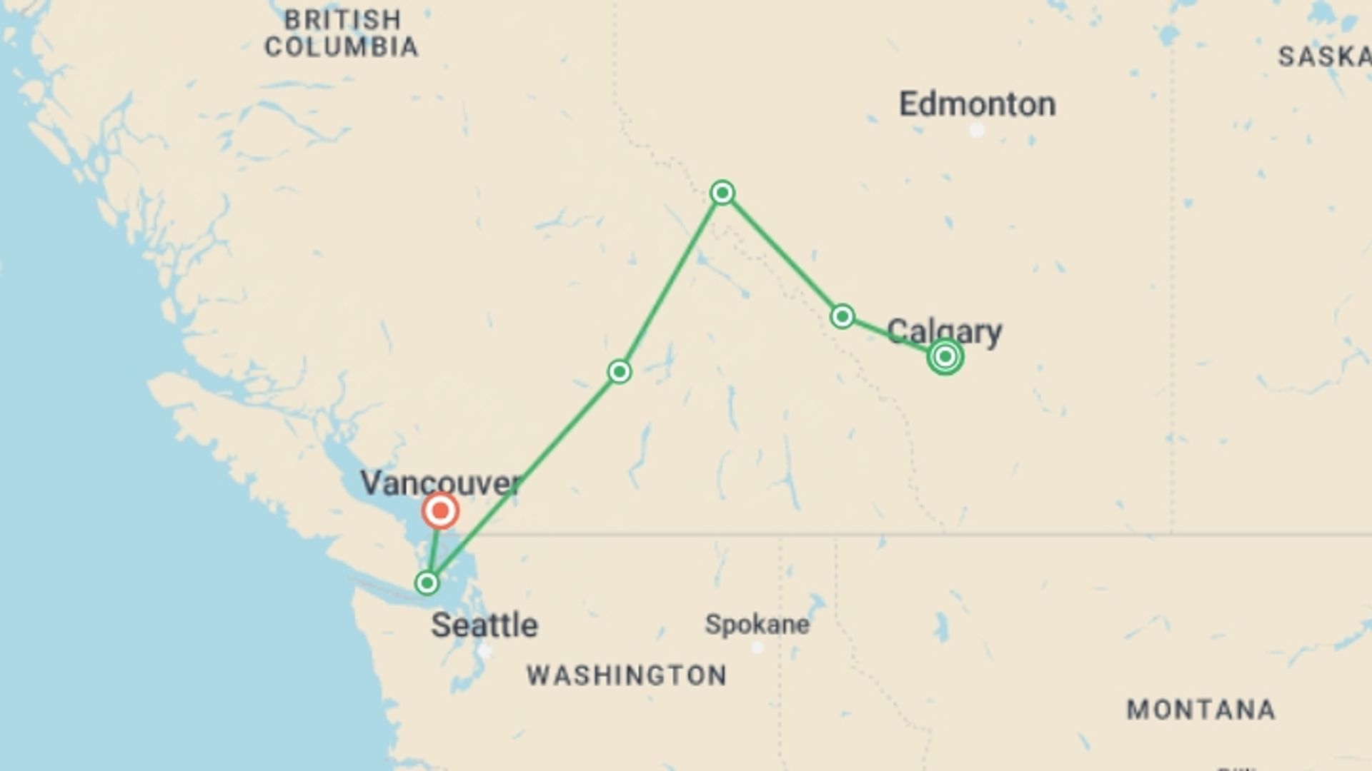 A map showing the tour itinerary for the trip: Wonders of the Canadian Rockies, starting in Calgary, Canada and ending in Vancouver, Canada going through 4 other destinations.