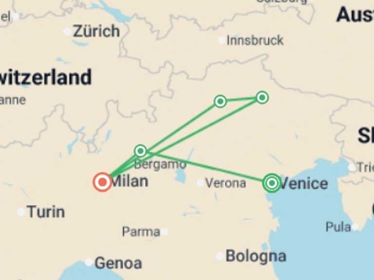 Map itinerary of Italy Tour in Summer with 5 destination visits for the trip: Venice to Milan - 13 days