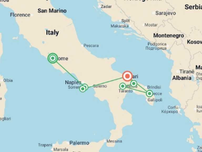 Map of Rome Explorer Tour with 7 destination visits for the trip: Timeless Southern Italy: Rome, Sorrento & Puglia