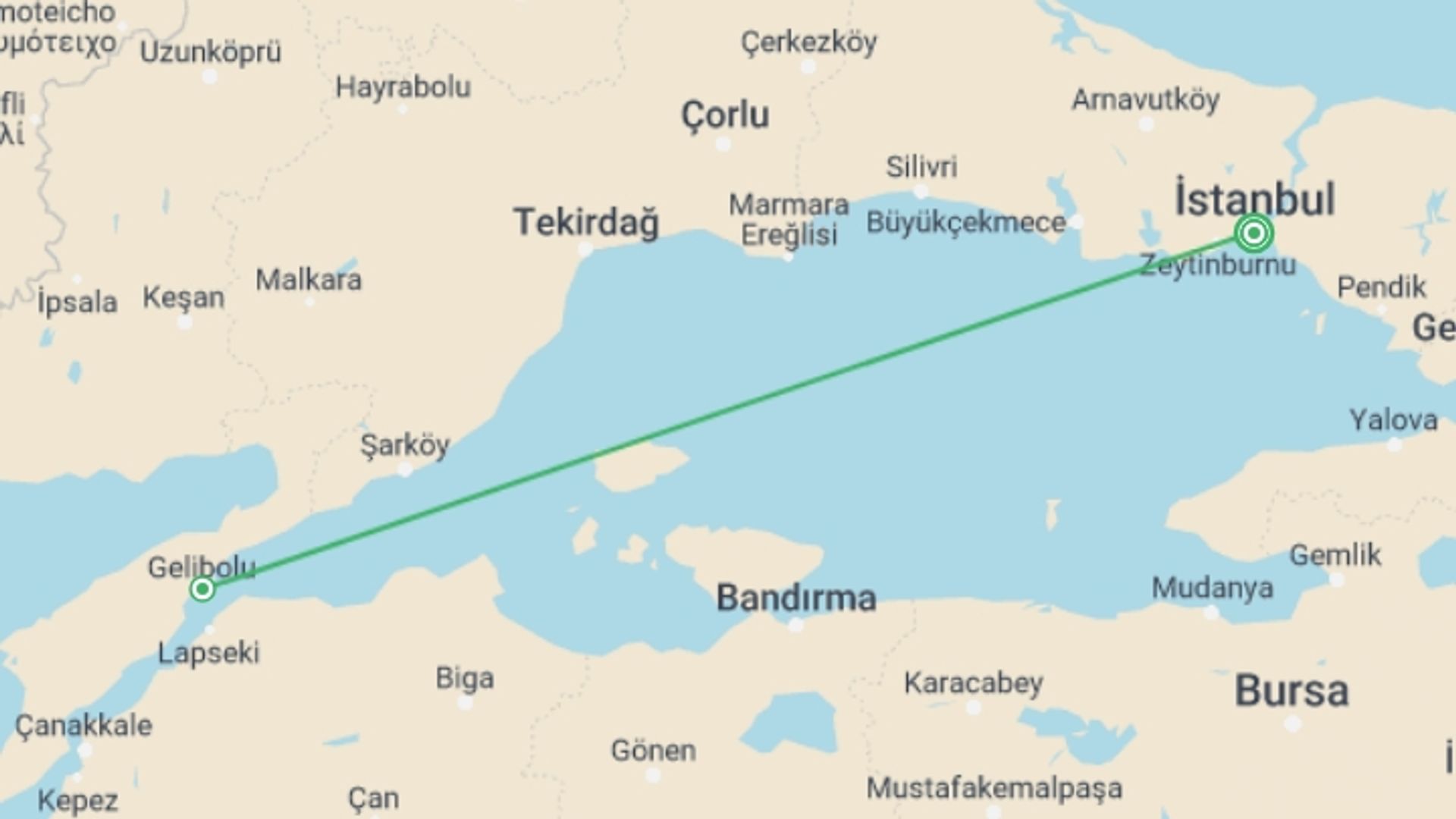 A map showing the tour itinerary for the trip: Anzac Day Tour – 5 Days, starting in Istanbul, Turkey and ending in Istanbul, Turkey going through 1 other destinations.