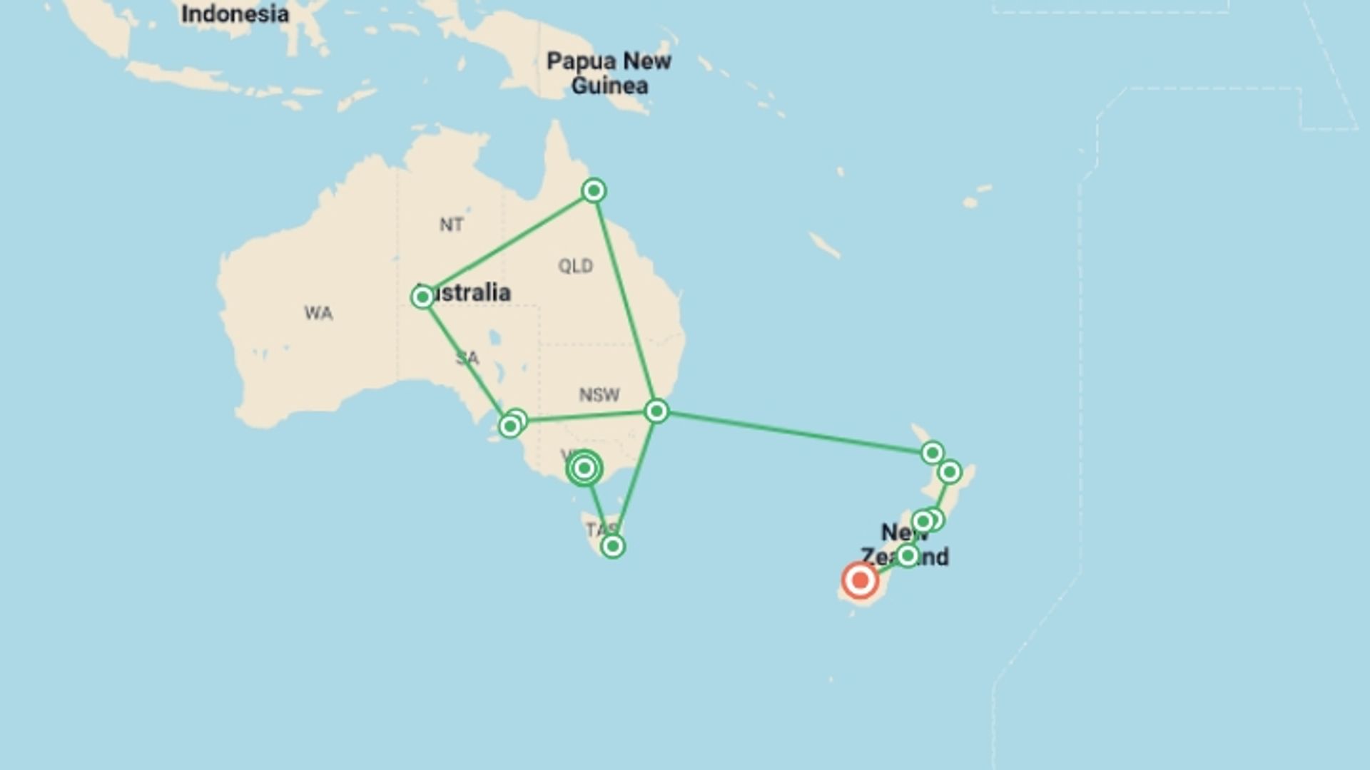 A map showing the tour itinerary for the trip: The Complete South Pacific , starting in Melbourne, Australia and ending in Queenstown, New Zealand going through 2 other destinations.