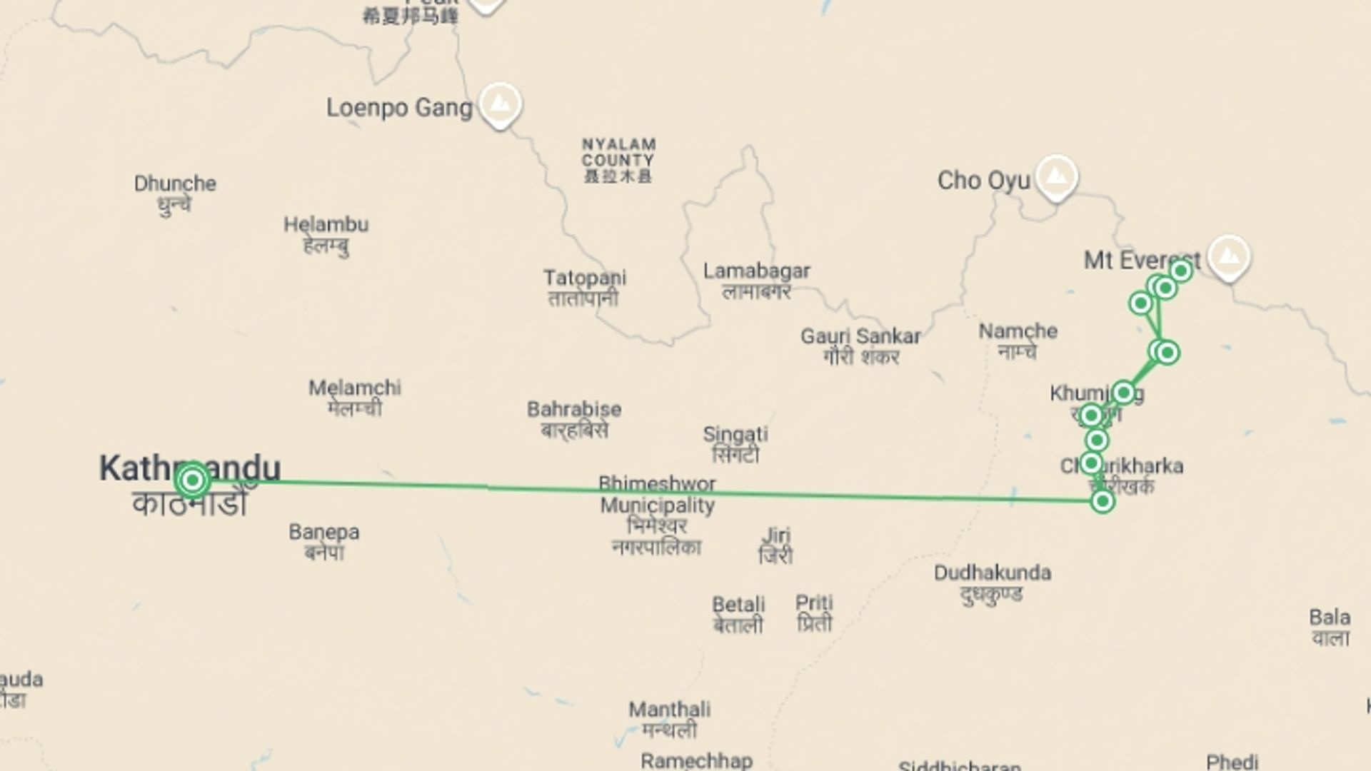 A map showing the tour itinerary for the trip: Everest Base Camp Trek, starting in Kathmandu, Nepal and ending in Kathmandu, Nepal going through 10 other destinations.