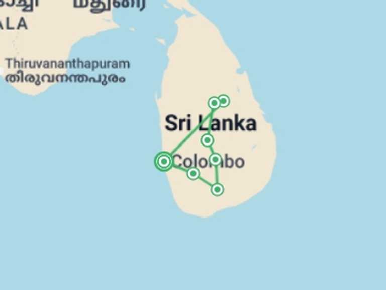 Map of Sri Lanka City sightseeing Tour with 5 destination visits for the trip: Classic Sri Lanka - 9 Days