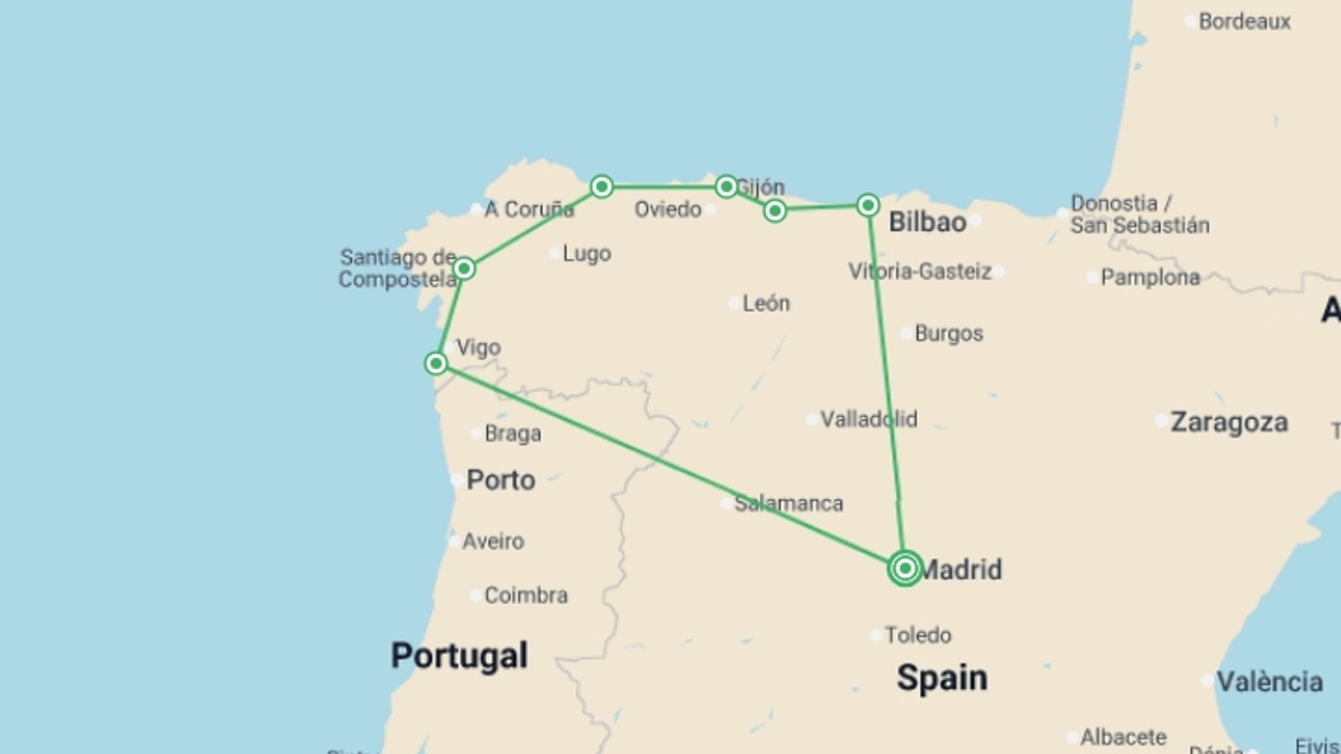 A map showing the tour itinerary for the trip: The Spanish Atlantic Edge Self-Drive, starting in Madrid, Spain and ending in Madrid, Spain going through 6 other destinations.