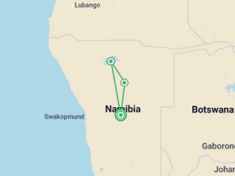 Map of Africa Tour with 3 destination visits for the trip: Etosha Safari Adventure, Self-drive