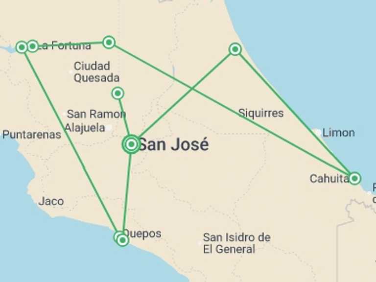 Map of San Jose Rainforest and jungle visits Tour with 10 destination visits for the trip: Costa Rica Adventure Family Holiday