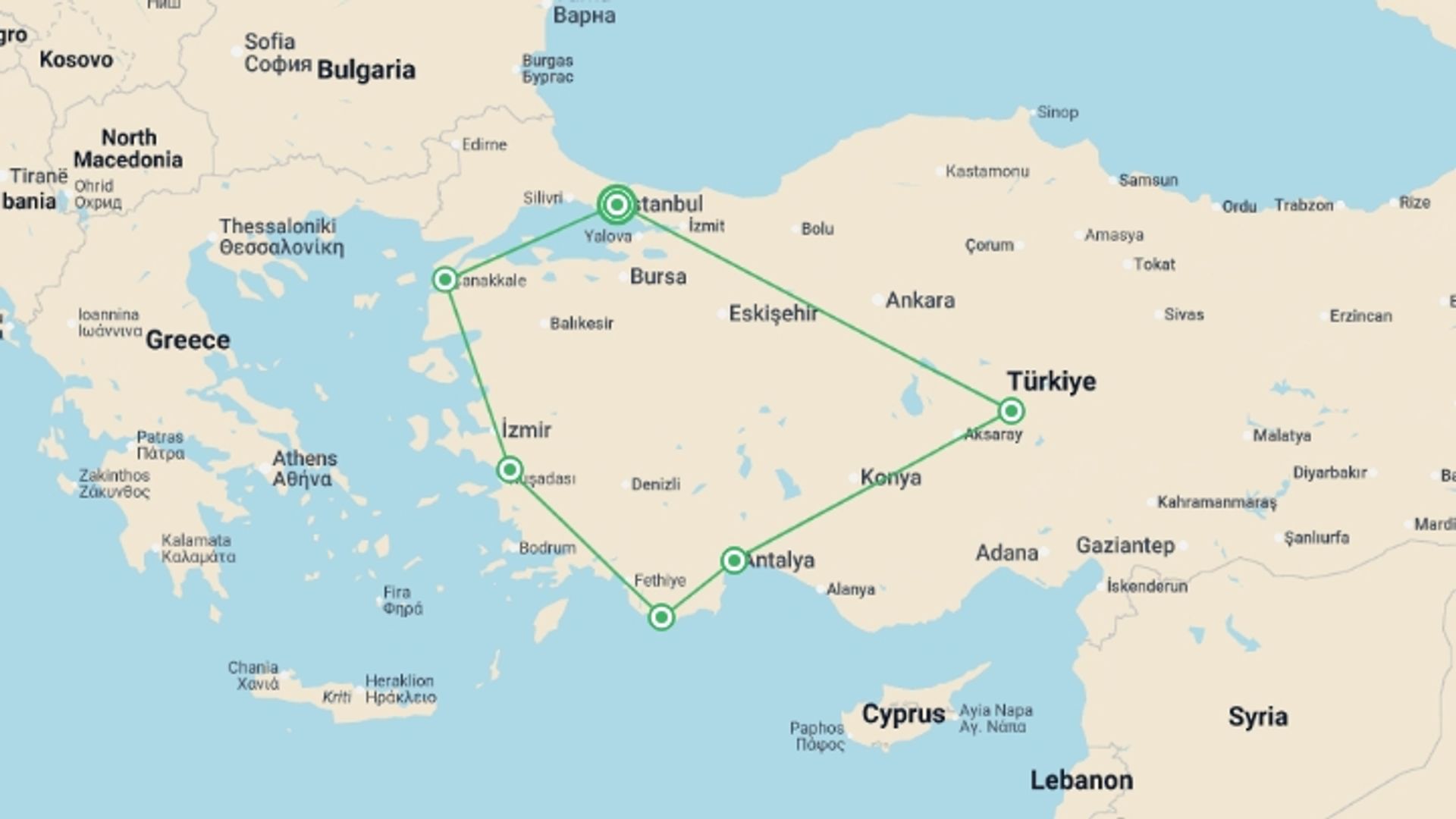 A map showing the tour itinerary for the trip: Best of Turkey Family Holiday, starting in Istanbul, Turkey and ending in Istanbul, Turkey going through 5 other destinations.