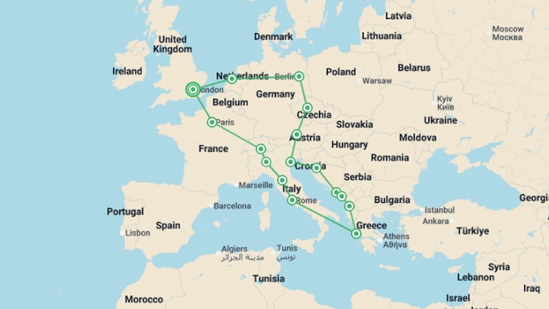 A map showing the tour itinerary for the trip: Central & Southeastern Europe: A Cultural Circuit, starting in London, England and ending in London, England going through 14 other destinations.