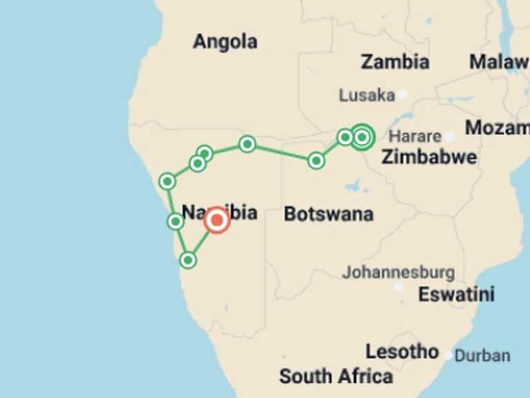 Map itinerary of Windhoek Tour in December 2026 with 10 destination visits for the trip: Southern African Desert Rivers and Wildlife (VFA to WDH)