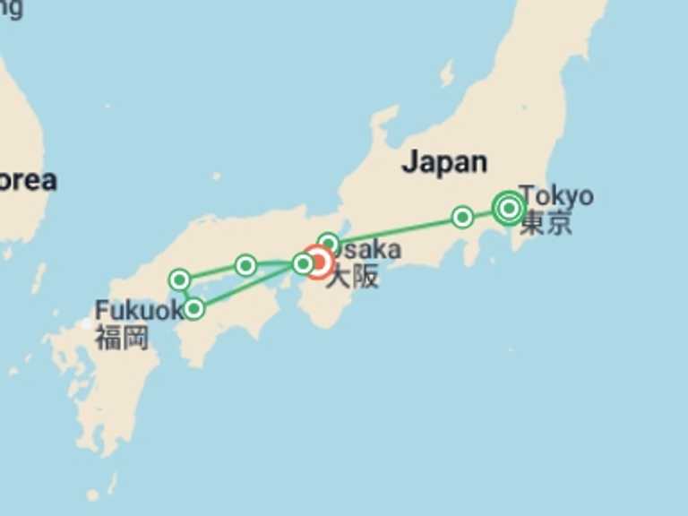 Map itinerary of Japan Tour in Spring with 8 destination visits for the trip: Wonders of Japan End Osaka