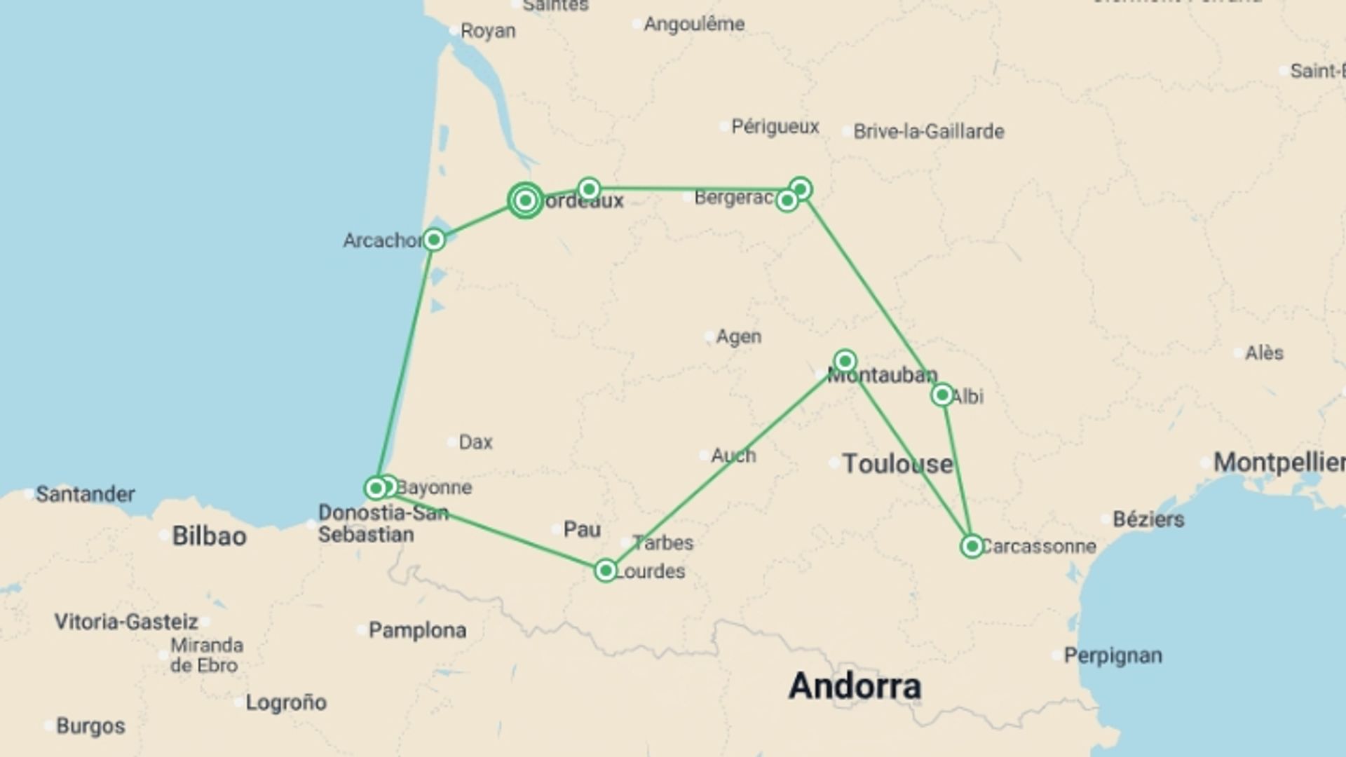 A map showing the tour itinerary for the trip: Jewels of Southwest France, starting in Bordeaux, France and ending in Bordeaux, France going through 5 other destinations.