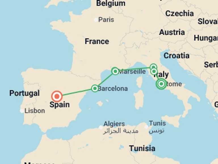 Map itinerary of Mediterranean Tour in July 2026 with 7 destination visits for the trip: Rome, Tuscany, Côte d Azur, Provence and Spain