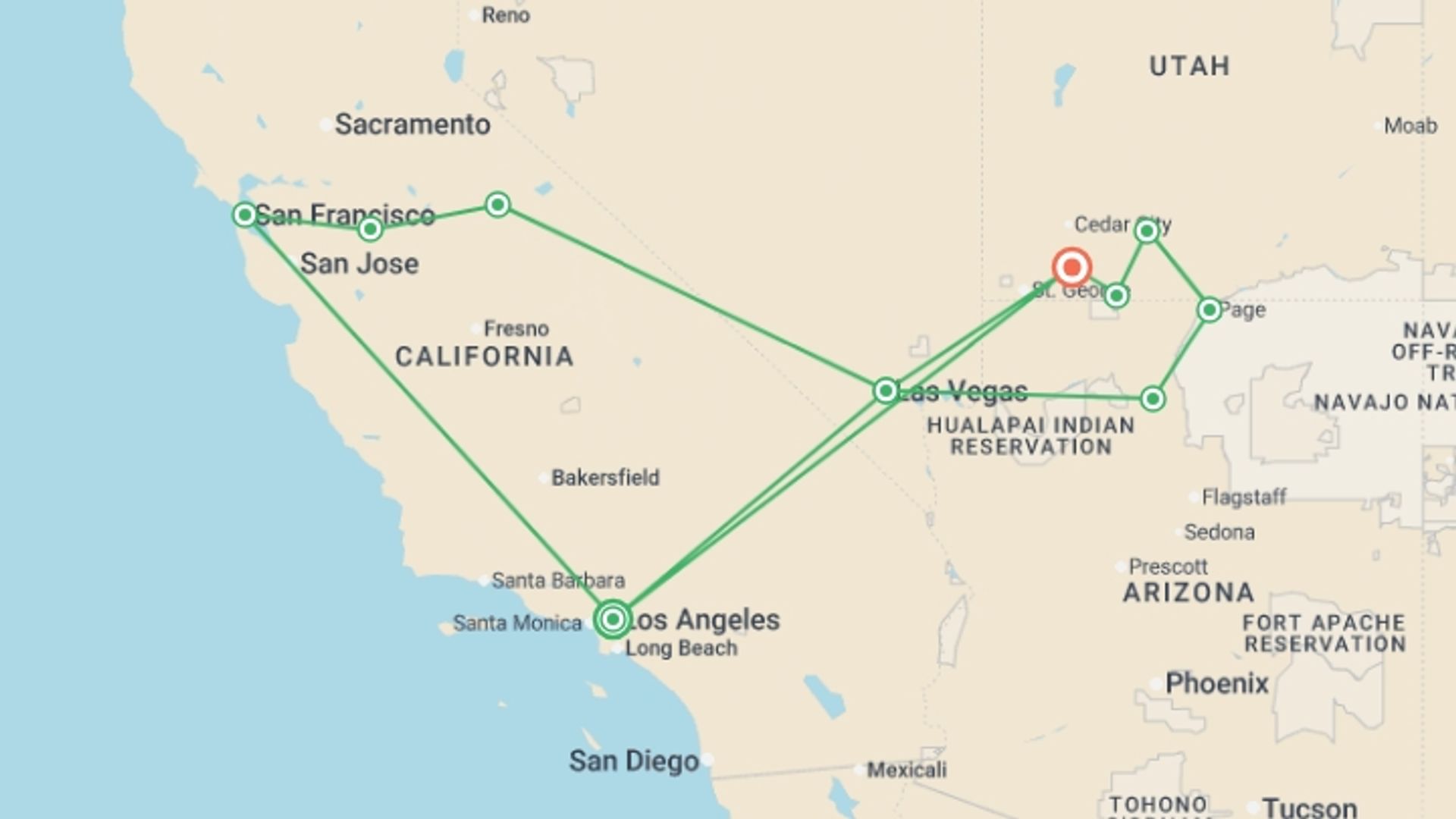 A map showing the tour itinerary for the trip: Los Angeles Loop - 7 days, starting in Los Angeles, USA and ending in Zion National Park, USA going through 5 other destinations.