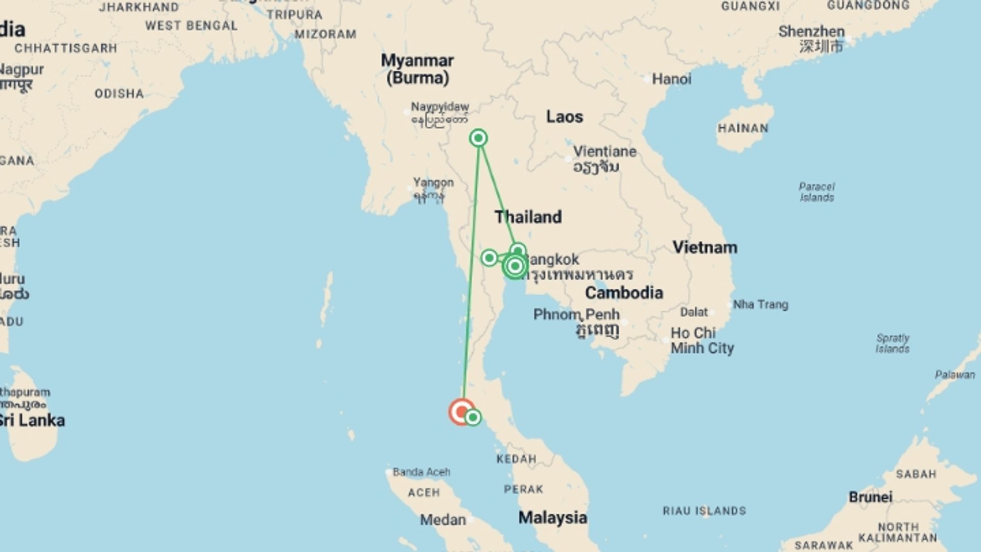 A map showing the tour itinerary for the trip: Essential Thailand Family Adventure - 11 days, starting in Bangkok, Thailand and ending in Phuket, Thailand going through 2 other destinations.