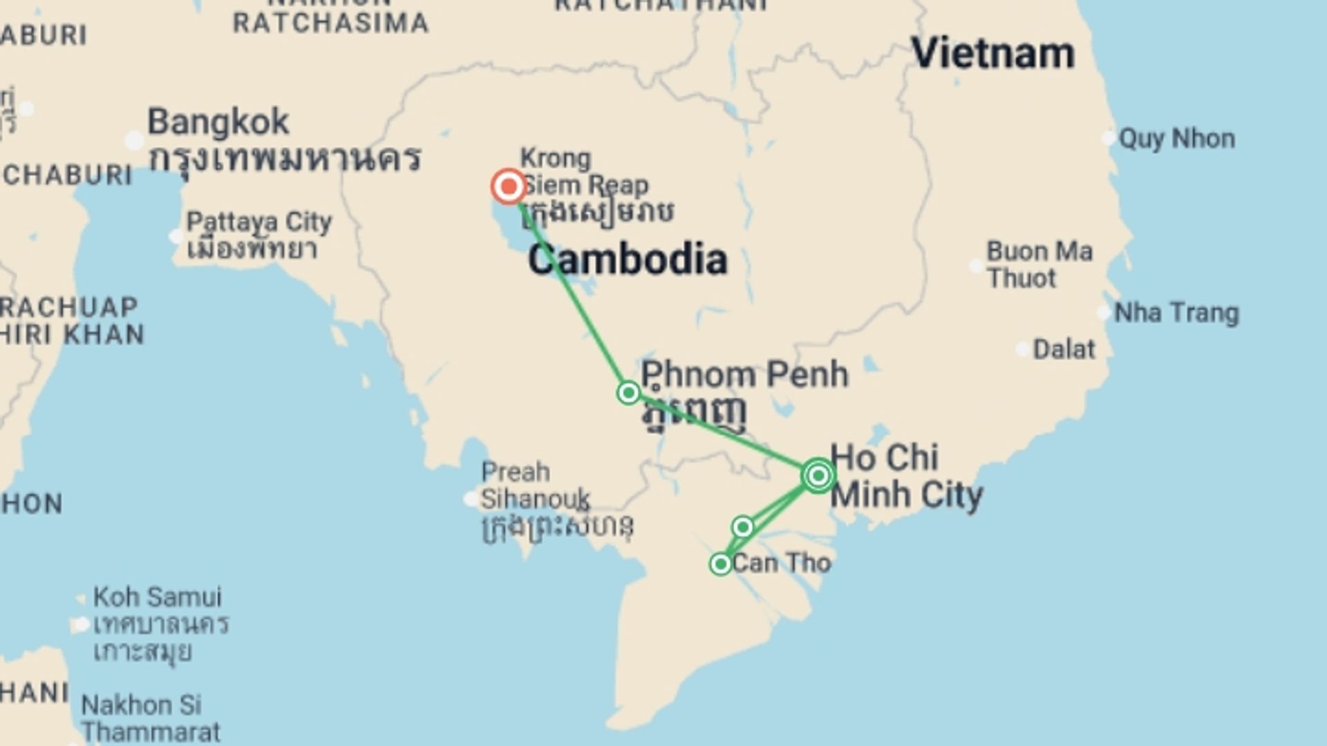 A map showing the tour itinerary for the trip: Saigon to Siem Reap (Partially Guided) - 9 days, starting in Ho Chi Minh City, Vietnam and ending in Siem Reap, Cambodia going through 2 other destinations.