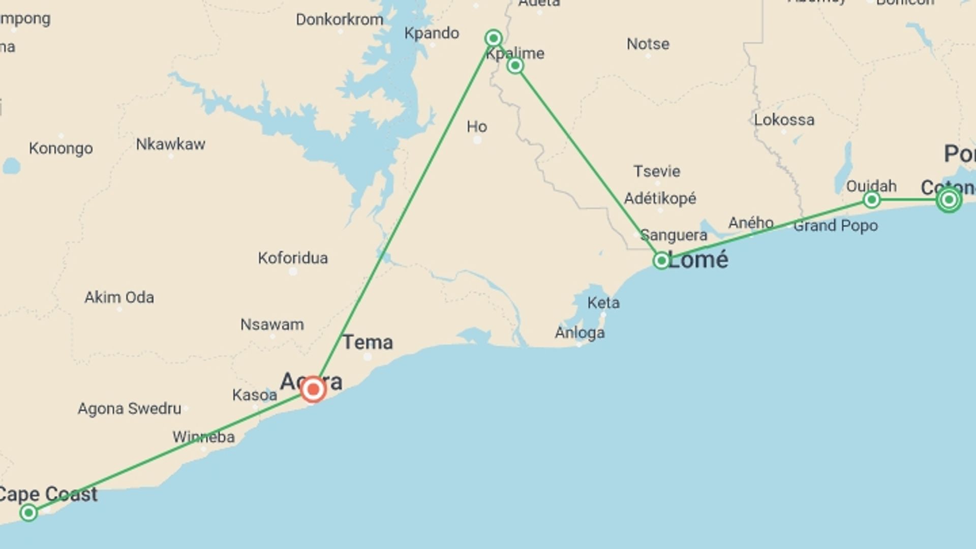 A map showing the tour itinerary for the trip: Benin, Togo & Ghana Adventure, starting in Cotonou, Benin and ending in Accra, Ghana going through 5 other destinations.