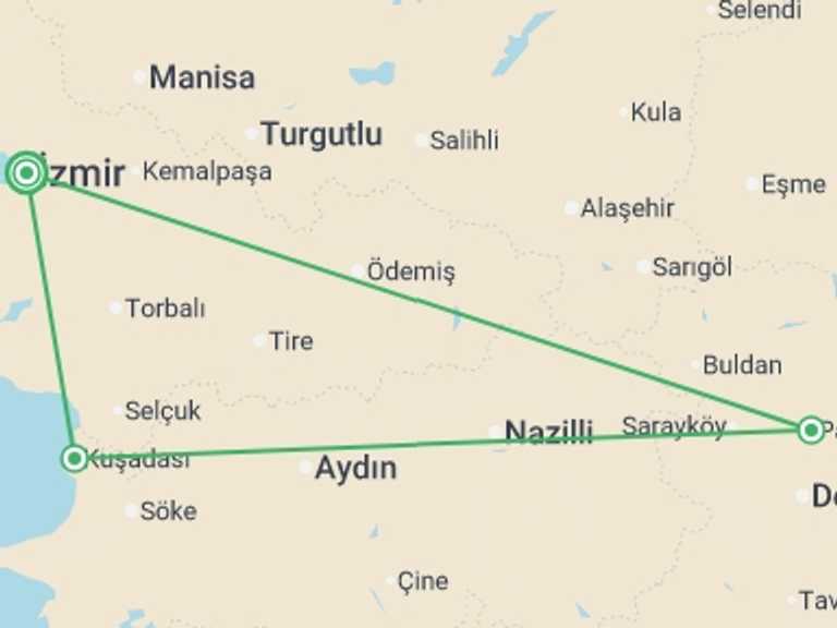 Map itinerary of Turkey Tour in March 2027 with 3 destination visits for the trip: Kusadasi Essentials – 3 Days With Ephesus & Pamukkale Tours