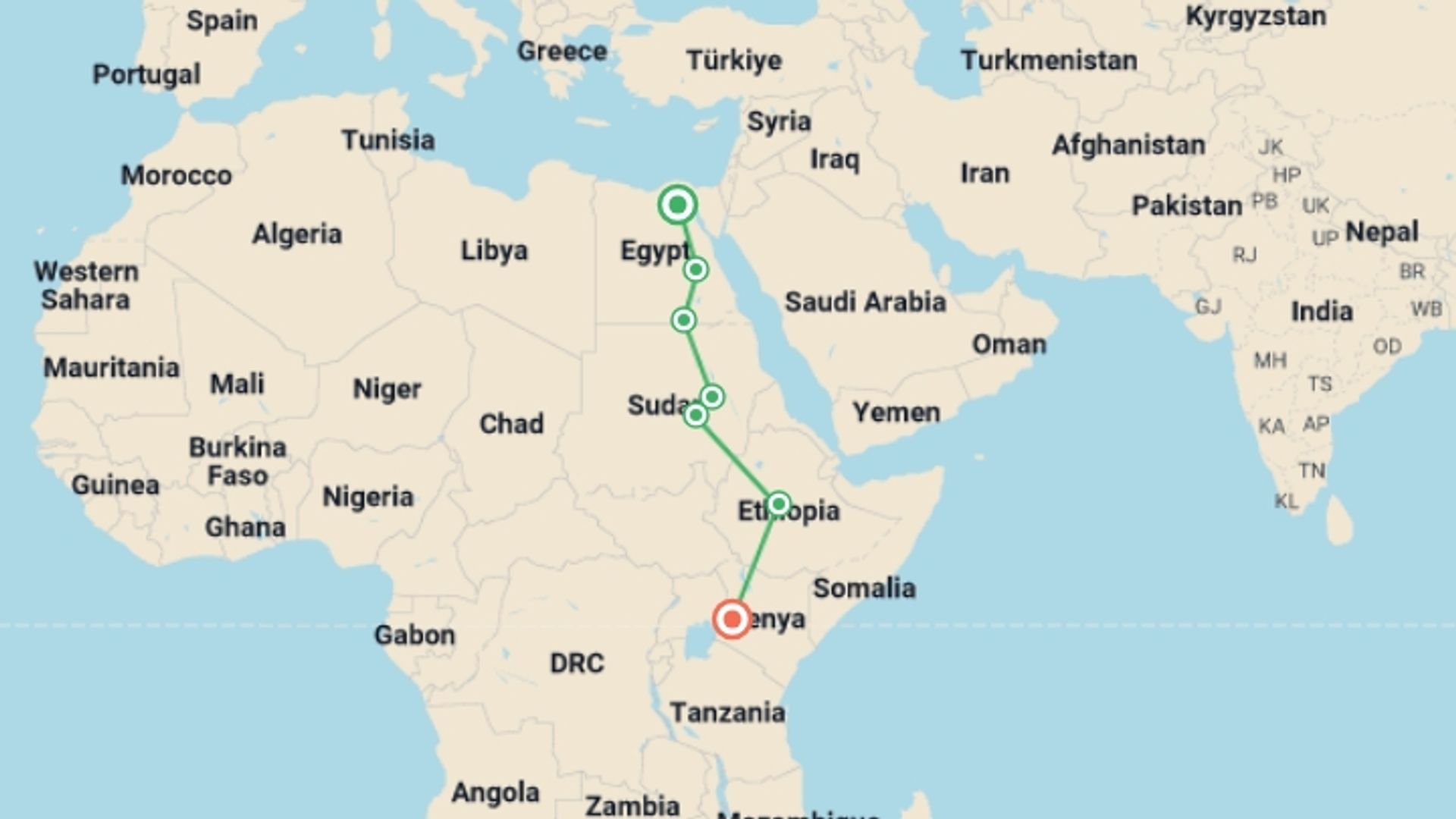 A map showing the tour itinerary for the trip: Cairo To Cape Town (17 Weeks) Nile Trans, starting in Cairo, Egypt and ending in Eldoret, Kenya going through 7 other destinations.