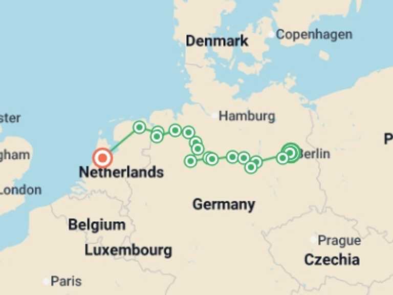 Map of Europe Tour with 9 destination visits for the trip: From Berlin to Amsterdam (port-to-port cruise)