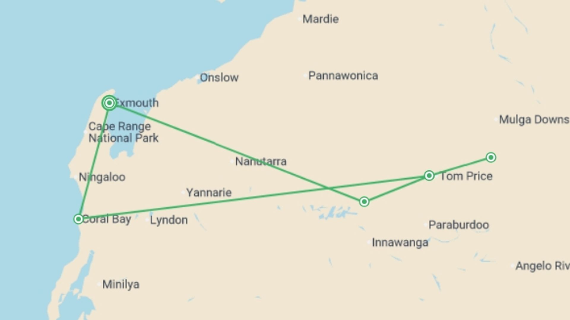 A map showing the tour itinerary for the trip: Exmouth, Karijini National Park & Ningaloo - 6 days, starting in Exmouth, Australia and ending in Exmouth, Australia going through 4 other destinations.