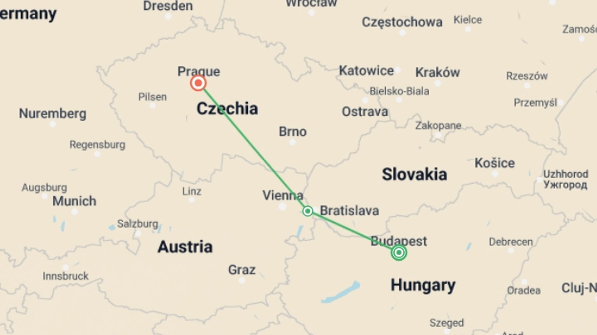 A map showing the tour itinerary for the trip: Eastern Capitals, starting in Budapest, Hungary and ending in Prague, Czech Republic going through 0 other destinations.