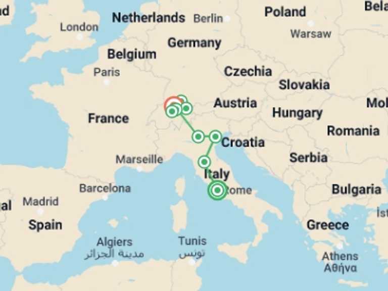 Map of 10-Day Rome Tour with 7 destination visits for the trip: Essential Italy and Switzerland
