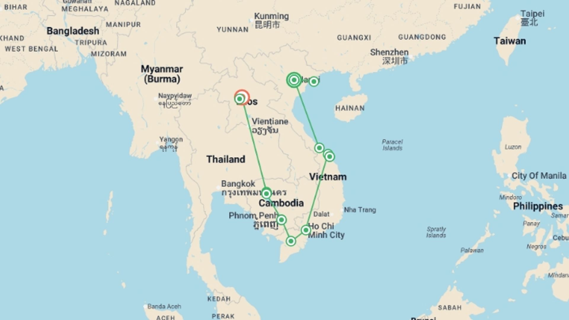 A map showing the tour itinerary for the trip: Vietnam, Cambodia & Laos Discovery - 18 days, starting in Hanoi, Vietnam and ending in Luang Prabang, Laos going through 10 other destinations.