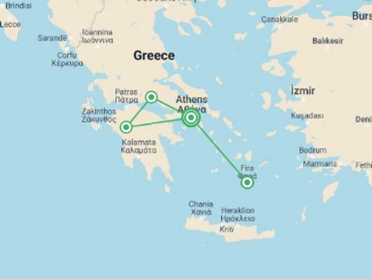 Map of Europe Volcanoes Tour with 4 destination visits for the trip: Greece Discovery Tour