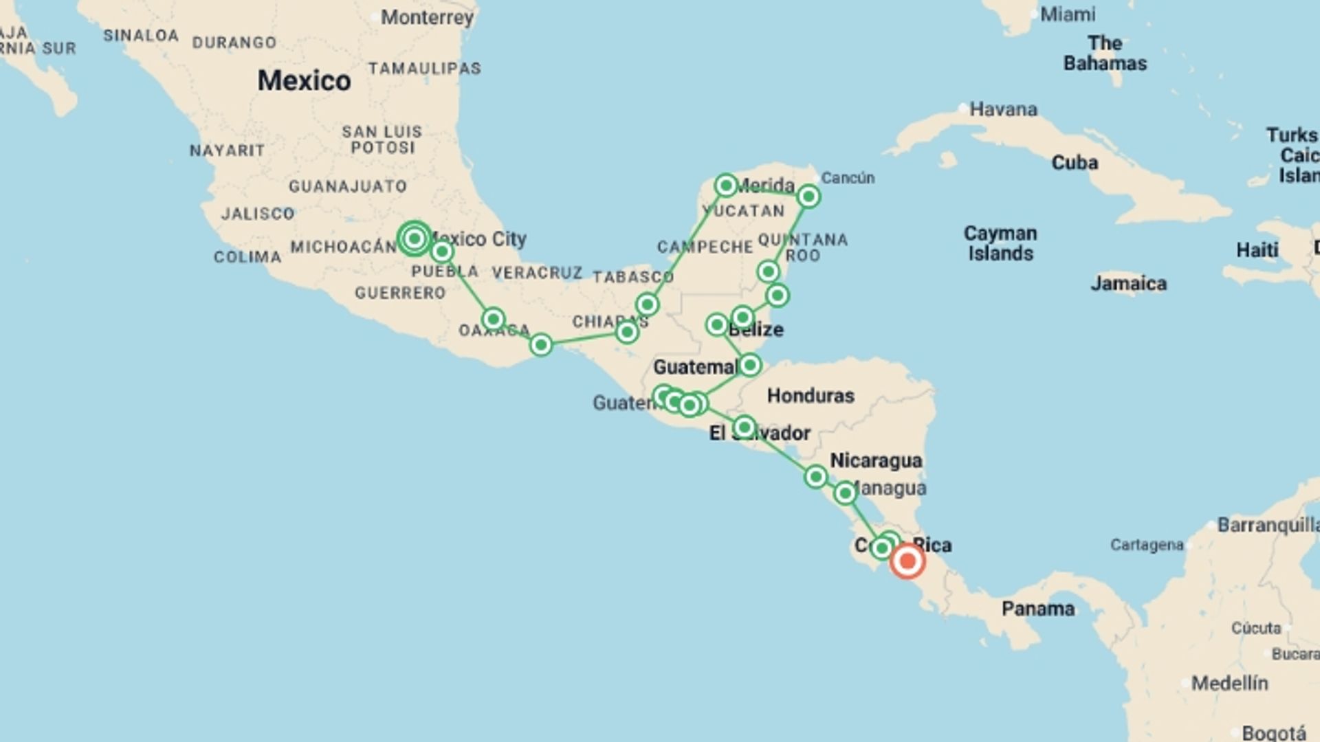 A map showing the tour itinerary for the trip: Central America Explorer, starting in Mexico City, Mexico and ending in San Jose, Costa Rica going through 23 other destinations.