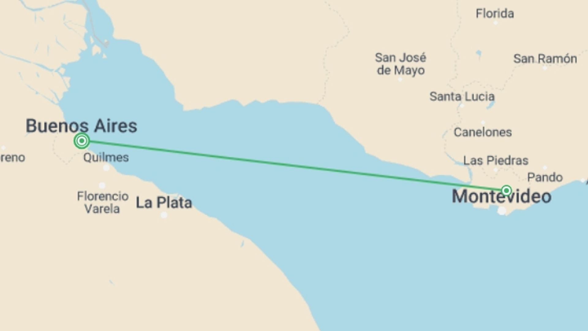 A map showing the tour itinerary for the trip: 3-Day Montevideo Tour from Buenos Aires, starting in Buenos Aires, Argentina and ending in Buenos Aires, Argentina going through 1 other destinations.