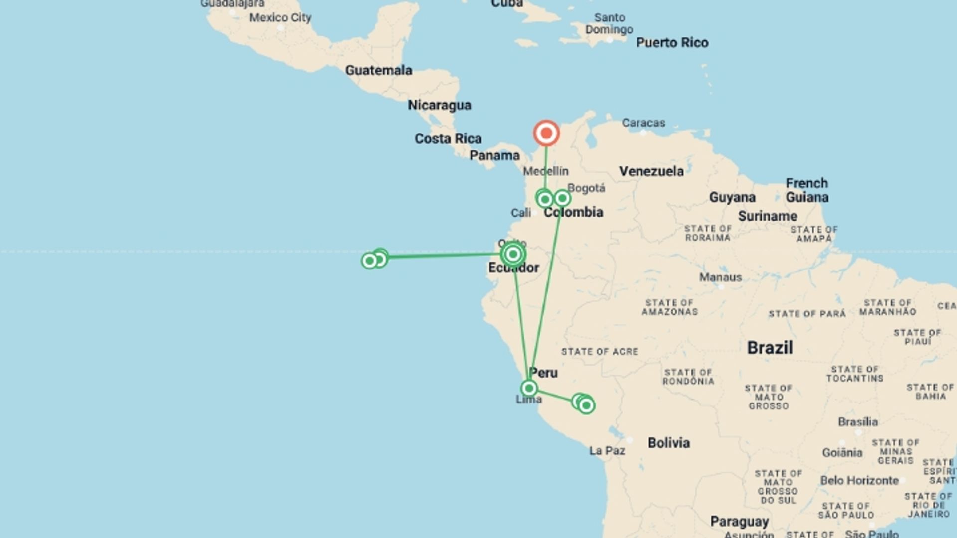 A map showing the tour itinerary for the trip: Highlights of Ecuador Peru and Colombia, starting in Quito, Ecuador and ending in Cartagena, Colombia going through 8 other destinations.