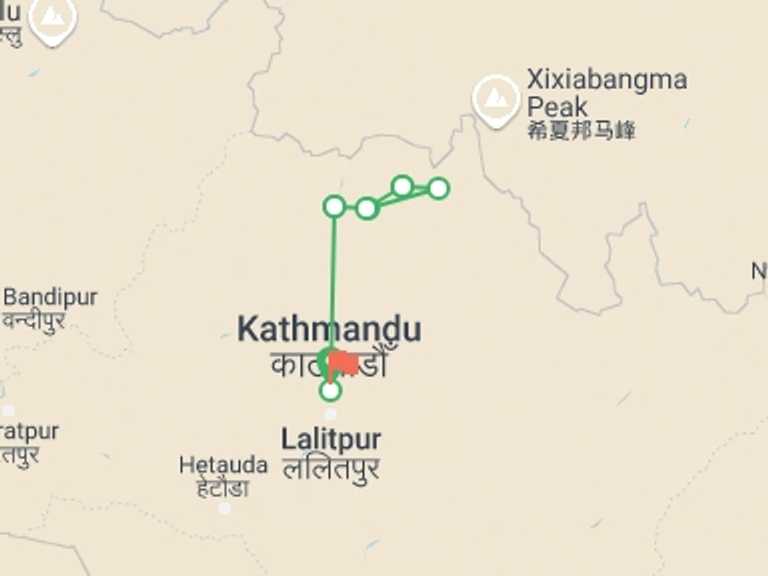 Map itinerary of Kathmandu Tour in October 2026 with 7 destination visits for the trip: Langtang Valley Trek 