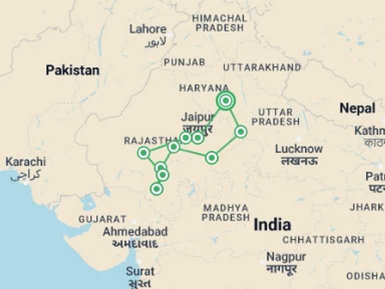 Map itinerary of India Tour in September 2027 with 10 destination visits for the trip: Taj Mahal & Rajasthan with Royal Stay at Fort Sardargarh
