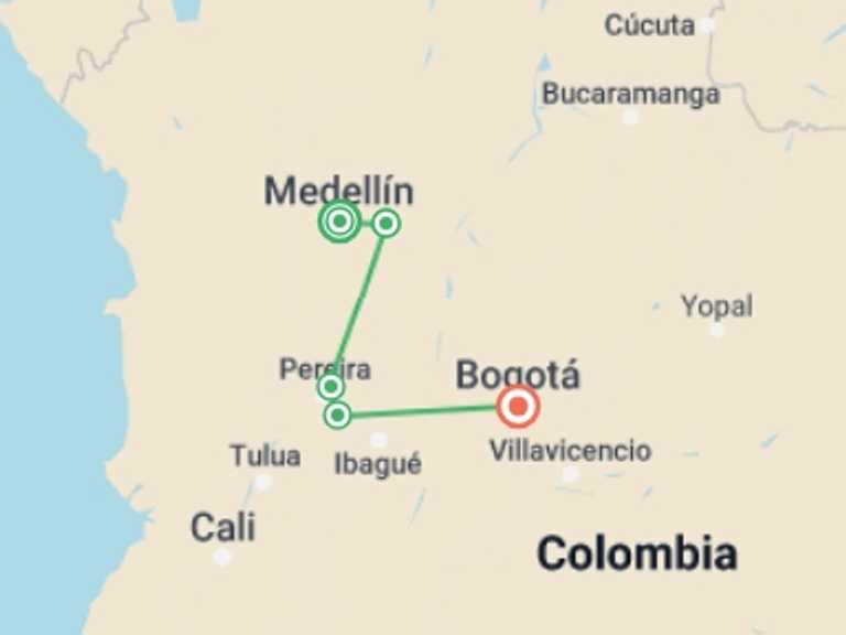 Map itinerary of Bogota Tour in June 2026 with 5 destination visits for the trip: Colombian Adventure: Hot Springs & Bogotá Streets