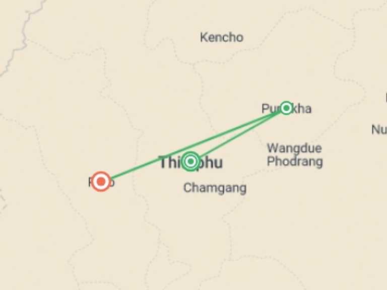 Map itinerary of Asia Tour in Fall with 3 destination visits for the trip: Signature: Bhutan & the High Himalayan Valleys