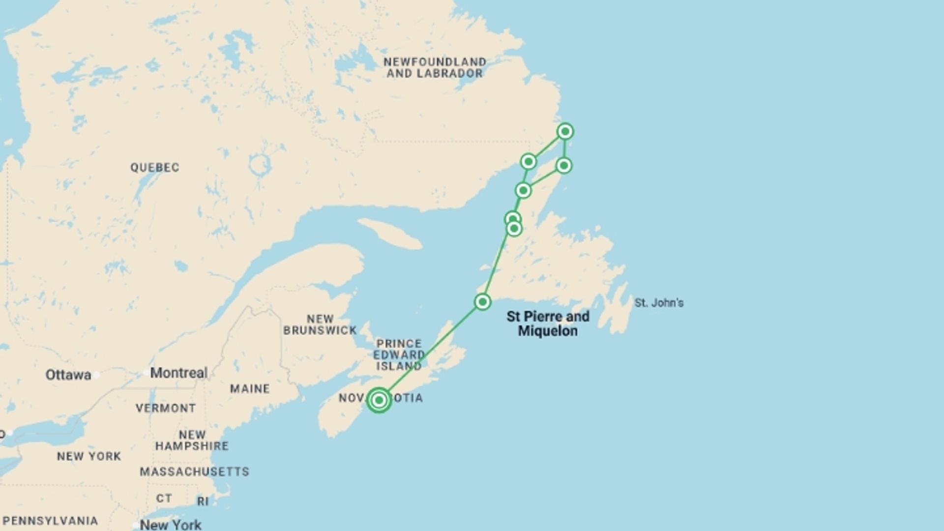 A map showing the tour itinerary for the trip: Newfoundland & Labrador to Battle Harbour - 10 days, starting in Halifax, Canada and ending in Halifax, Canada going through 6 other destinations.