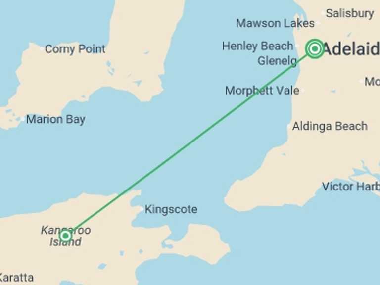 Map itinerary of Oceania Tour in May 2027 with 2 destination visits for the trip: Remarkable Adelaide to Kangaroo Island