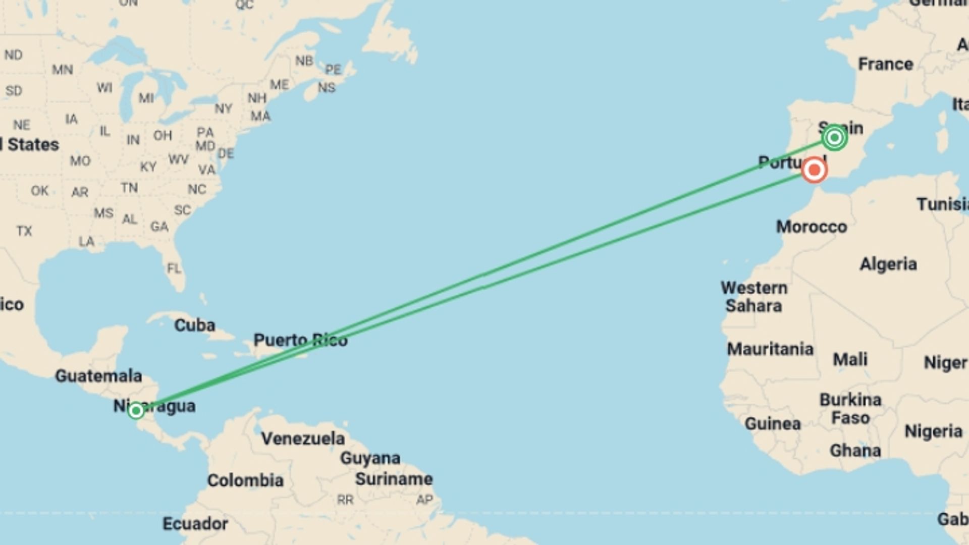 A map showing the tour itinerary for the trip: Madrid and Andalusia, starting in Madrid, Spain and ending in Seville, Spain going through 1 other destinations.