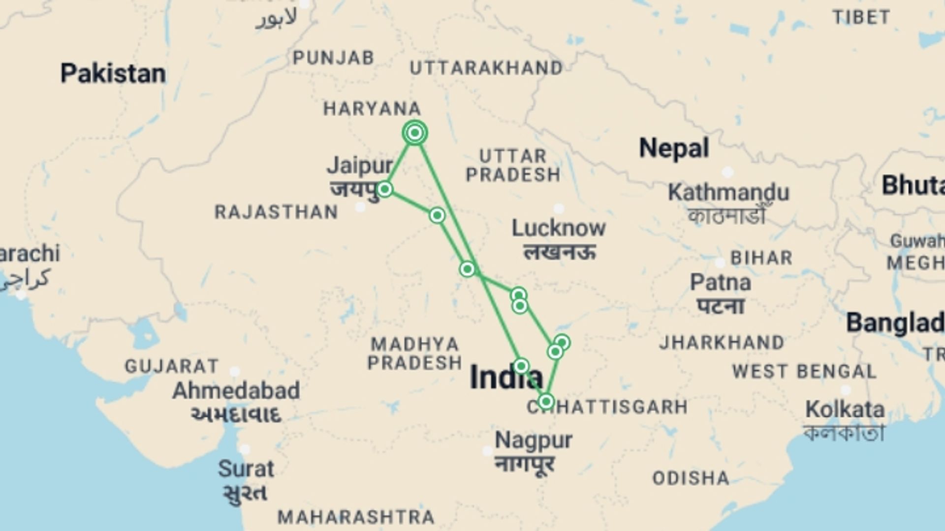 A map showing the tour itinerary for the trip: India Tiger Safari, starting in New Delhi, India and ending in New Delhi, India going through 9 other destinations.