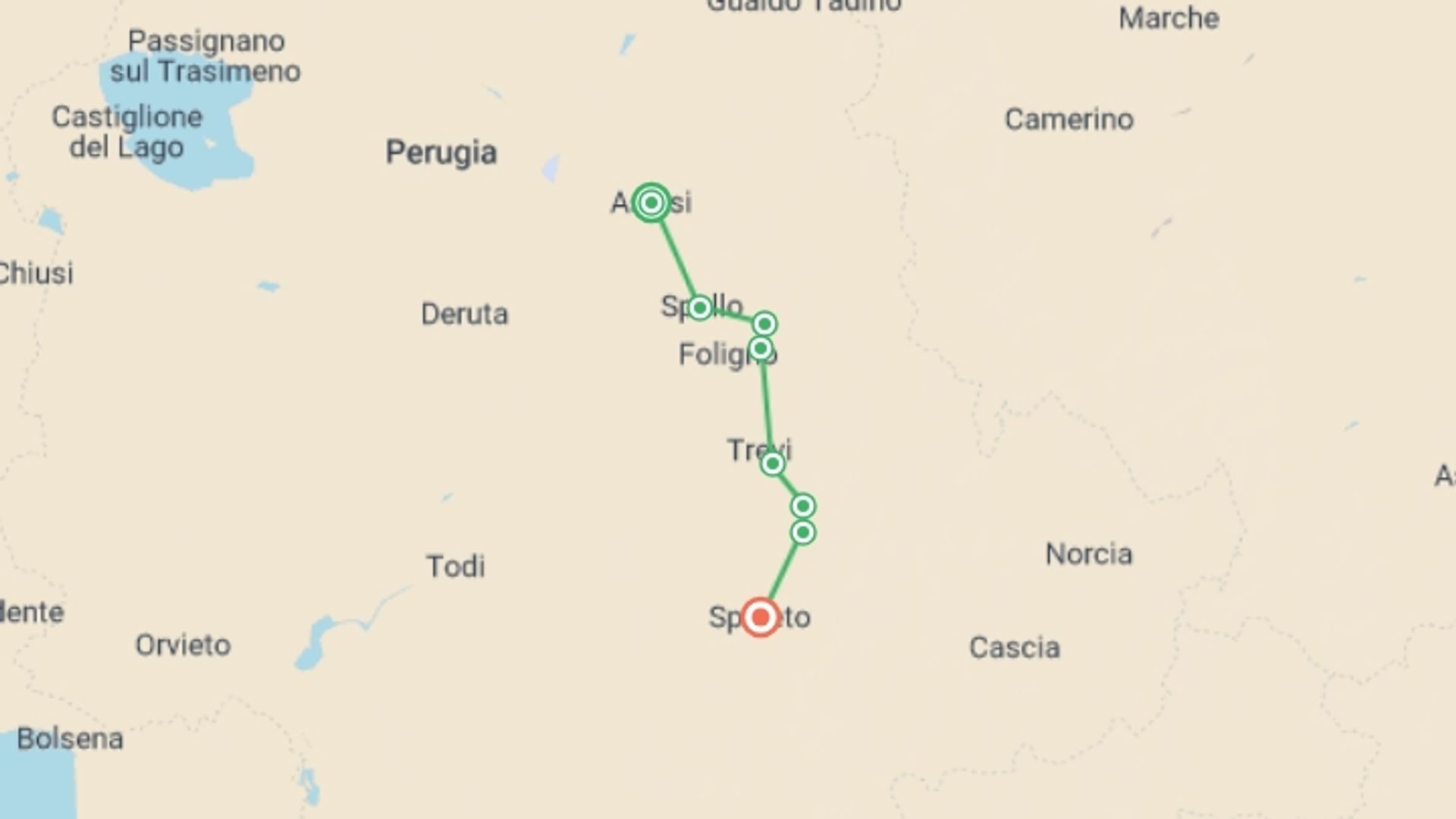 A map showing the tour itinerary for the trip: St Francis Way: Assisi to Spoleto, starting in Assisi, Italy and ending in Spoleto, Italy going through 4 other destinations.