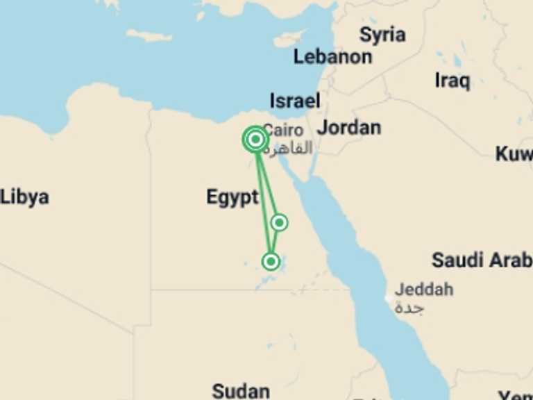 Map itinerary of Africa Tour in September 2026 with 3 destination visits for the trip: Jewels of the Nile  (5 & 4 Star Hotels)