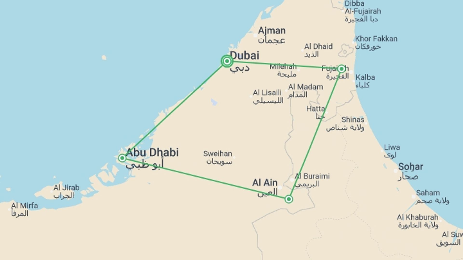 A map showing the tour itinerary for the trip: Dubai and the best of the United Arab Emirates, starting in Dubai, UAE and ending in Dubai, UAE going through 3 other destinations.