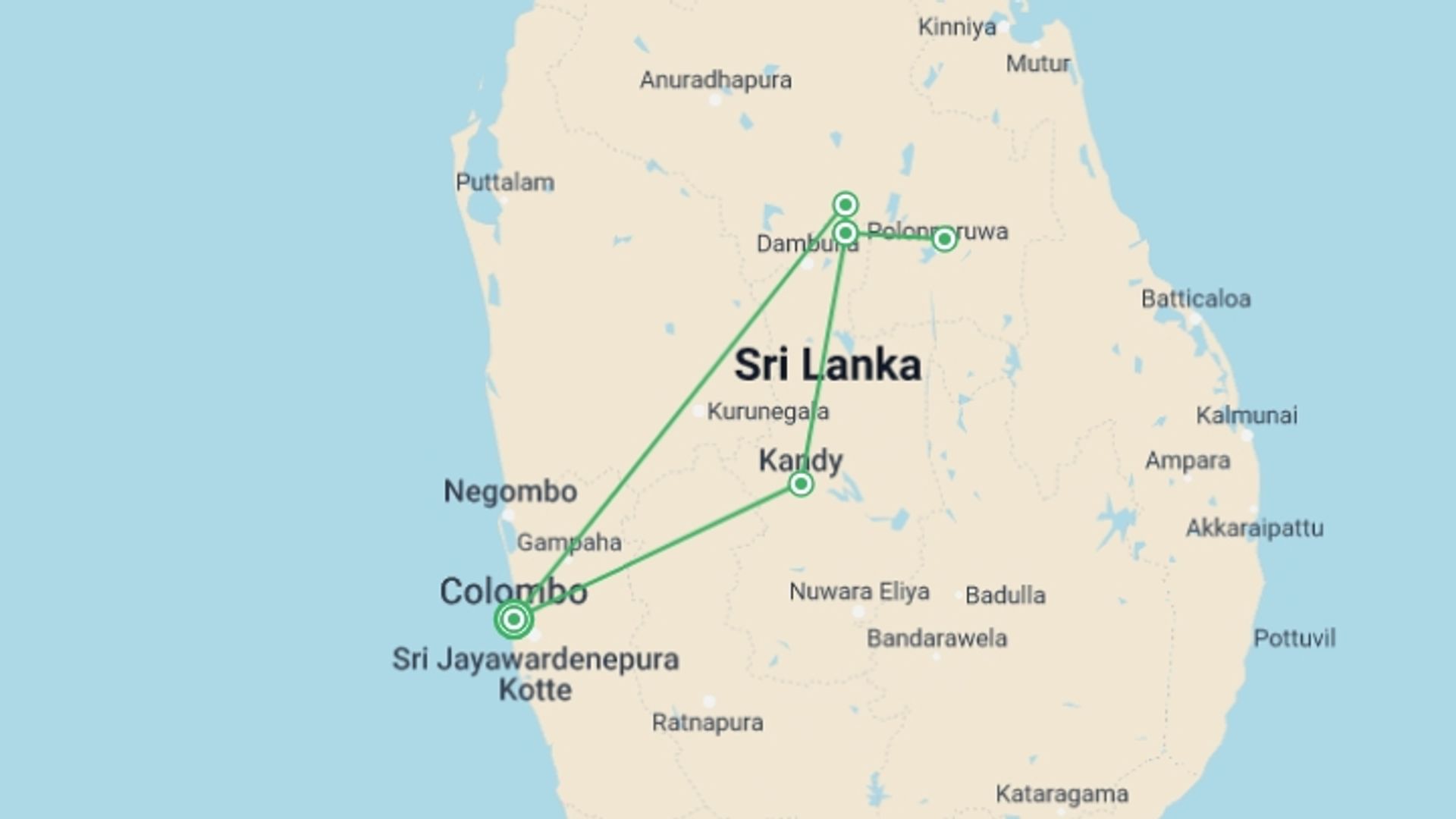 A map showing the tour itinerary for the trip: Splendors Of Sri Lanka, starting in Colombo, Sri Lanka and ending in Colombo, Sri Lanka going through 2 other destinations.
