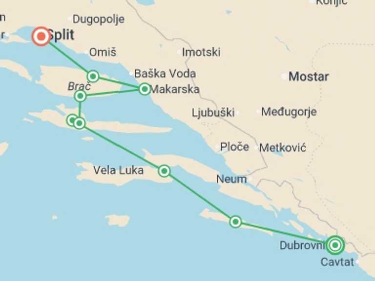 Map of Croatia Sailing, yachting and motor boating Tour with 7 destination visits for the trip: Adriatic Explorer from Dubrovnik Premium Plus - 8 days