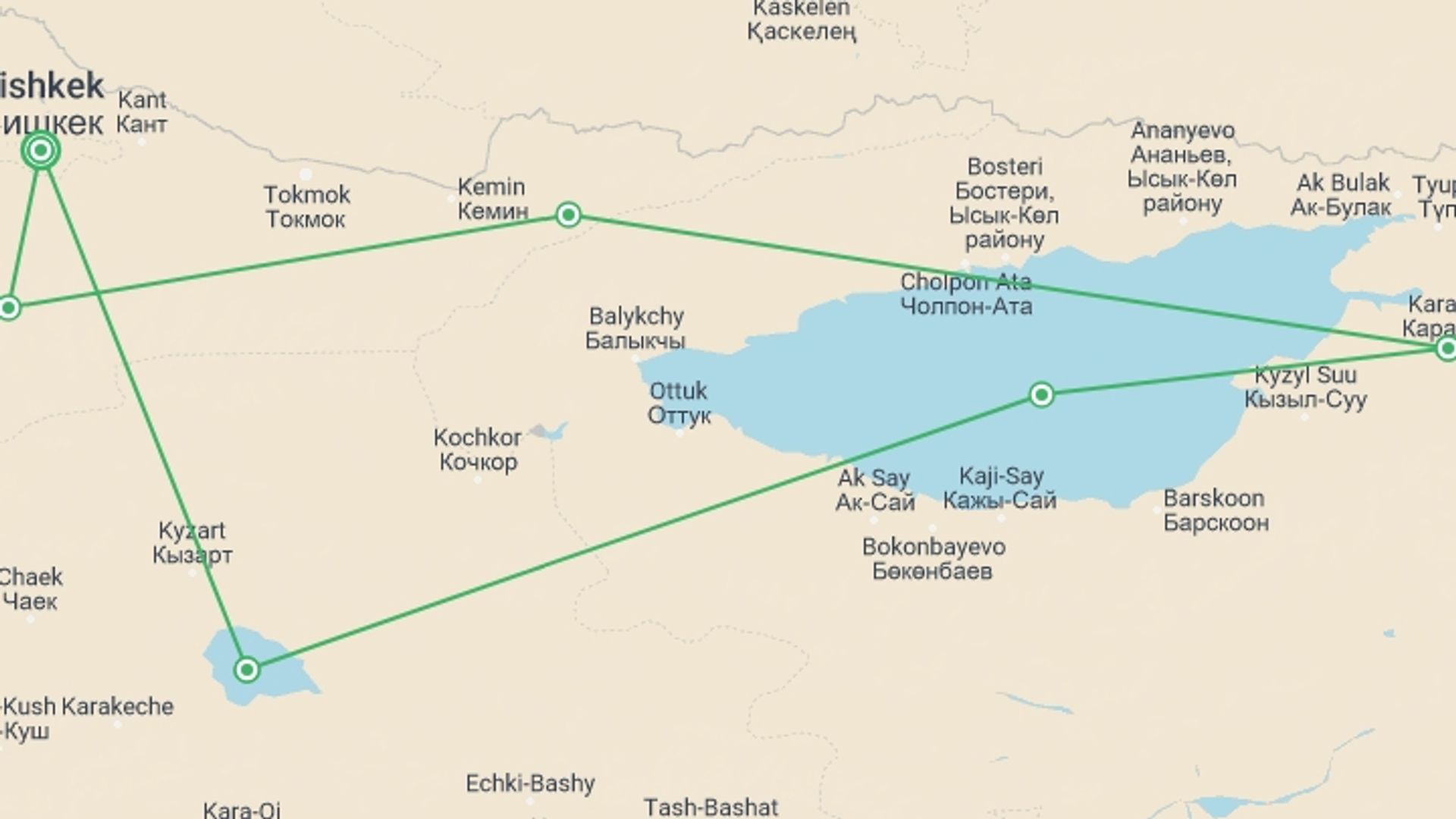 A map showing the tour itinerary for the trip: Kyrgyzstan Walking Explorer, starting in Bishkek, Kyrgyzstan and ending in Bishkek, Kyrgyzstan going through 5 other destinations.